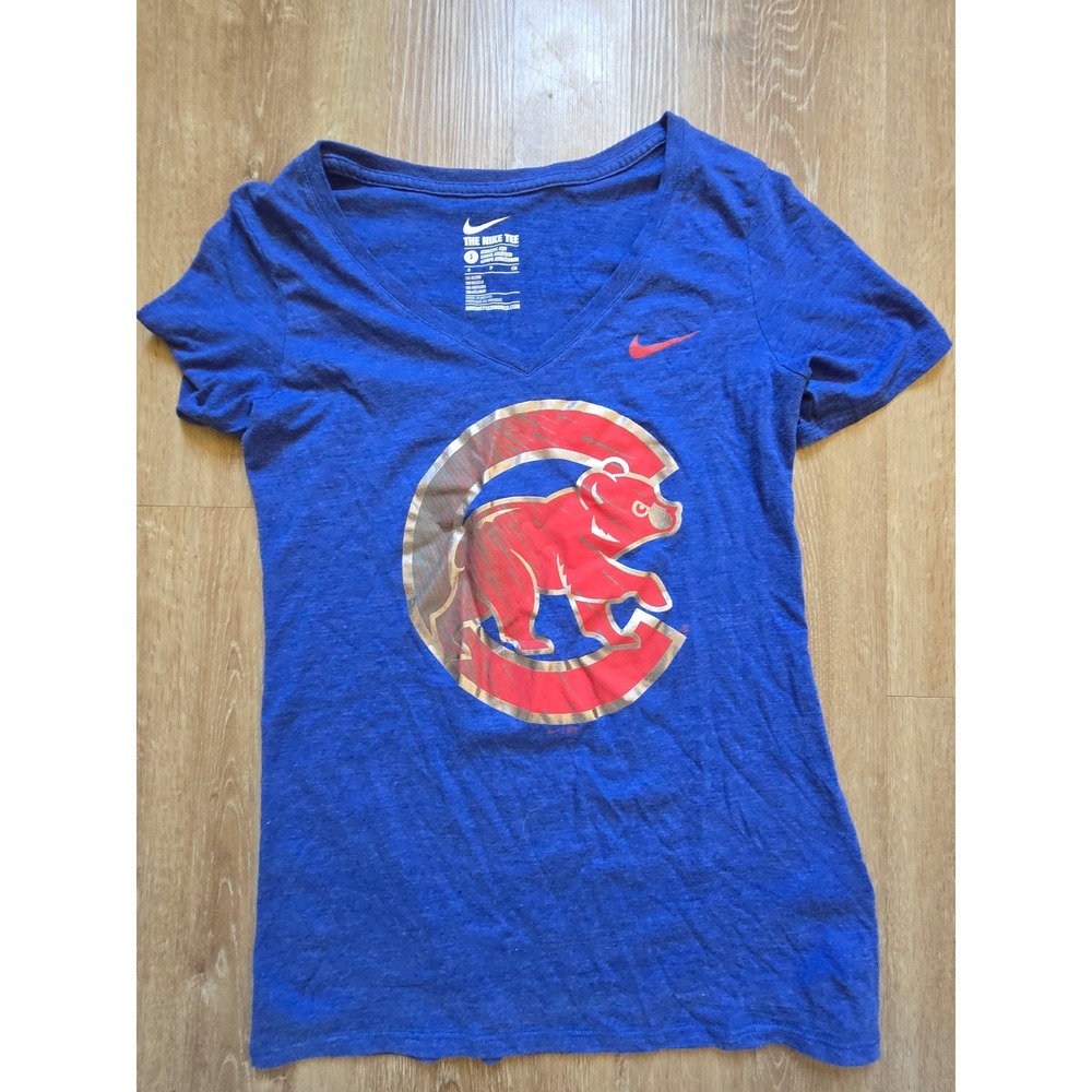 Nike Chicago Cubs Womens V-Neck T-Shirt Blue Heather Tri-Blend Graphic Tee Small - Picture 1 of 4